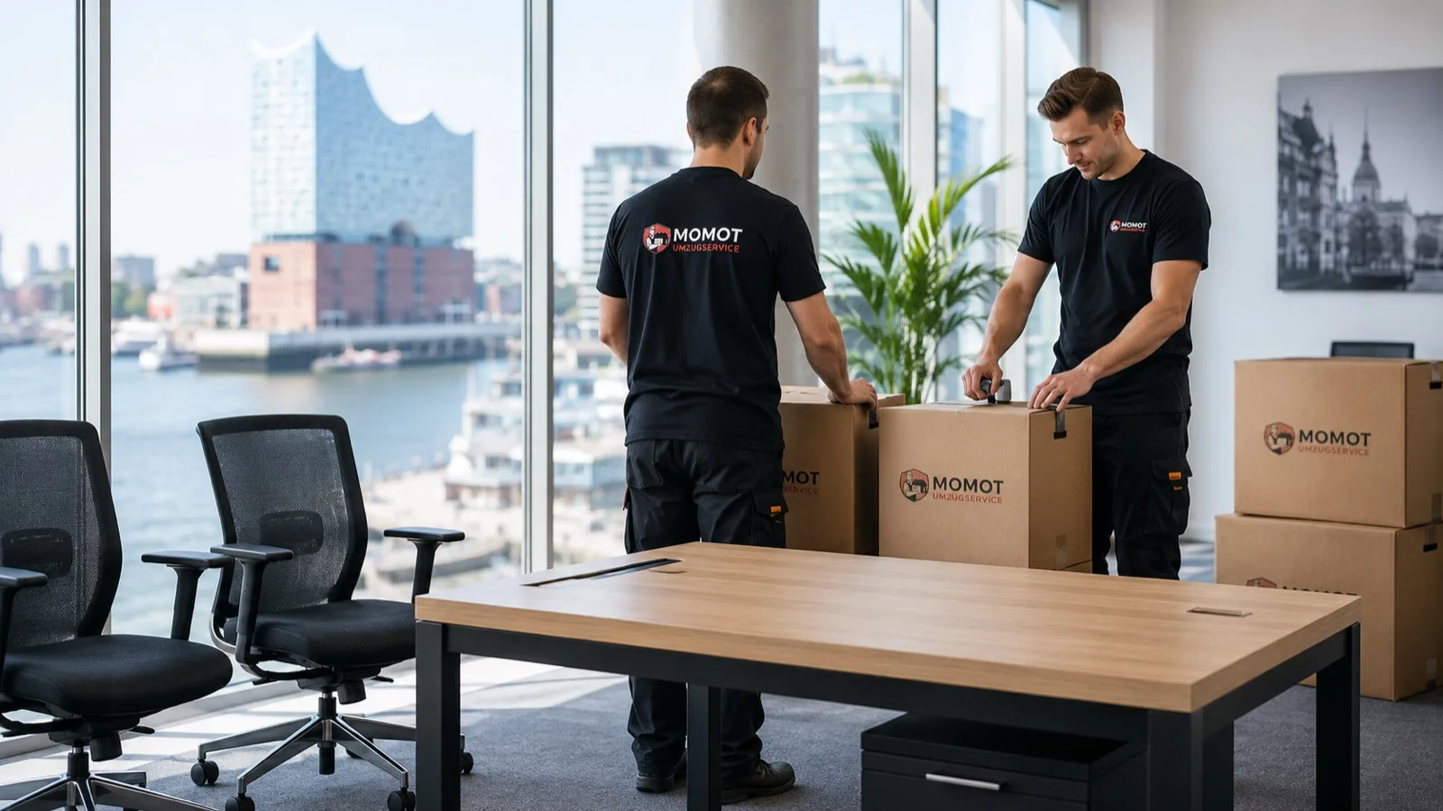 Firmenumzug Hamburg: Momot-Team verpackt Büromöbel mit Blick auf die Elbphilharmonie